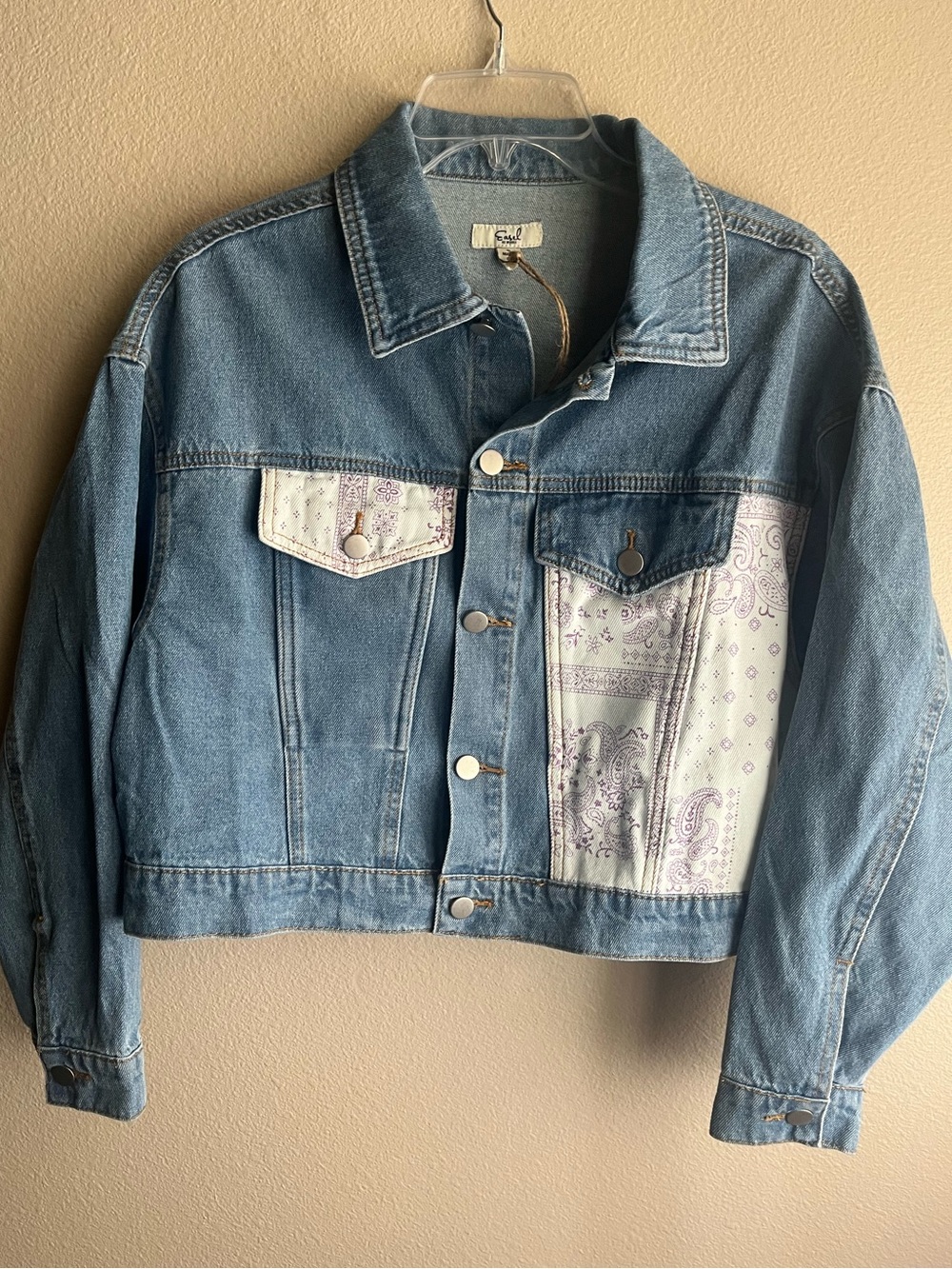 Denim Jacket with Lilac Bandana Panel - Women's Light Blue Jean Jacket
